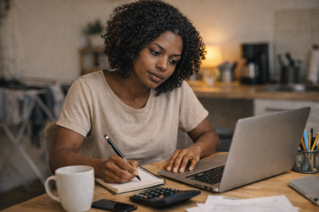 Mulher trabalhando em escritório simples