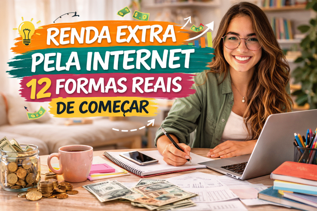 Mulher com notebook trabalhando online criando renda extra pela internet 