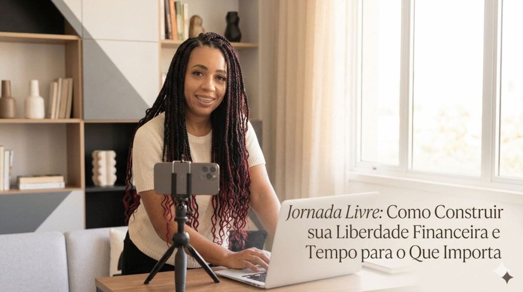 Mulher empreendedora com tranças pretas e vermelhas sorrindo, usando laptop e celular no tripé em home office moderno. Imagem de capa do artigo Jornada Livre sobre liberdade financeira e tempo.