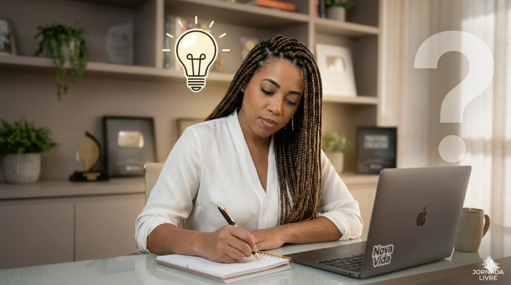 Gemini_Generated_Image_6zjil16zjil16zji Naira Monteiro escrevendo em um caderno no seu escritório, decidindo o que falar no YouTube.