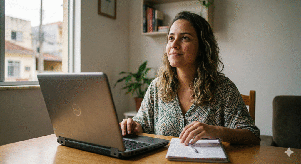 Mulher realizada trabalhando de casa,buscando independência financeira